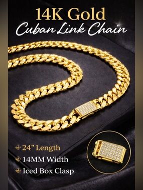 14K Gold-Plated Cuban Link Chain with Iced Box Clasp – 24” Length, 14mm Width
